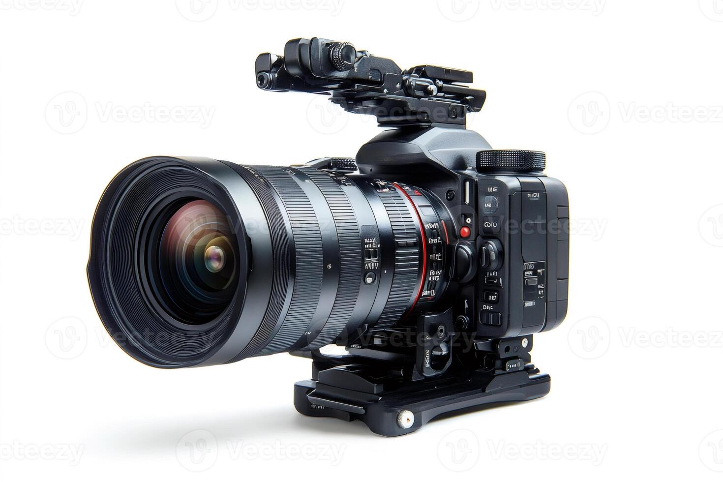 Professional digital cinema camera with zoom lens and accessories on white background photo