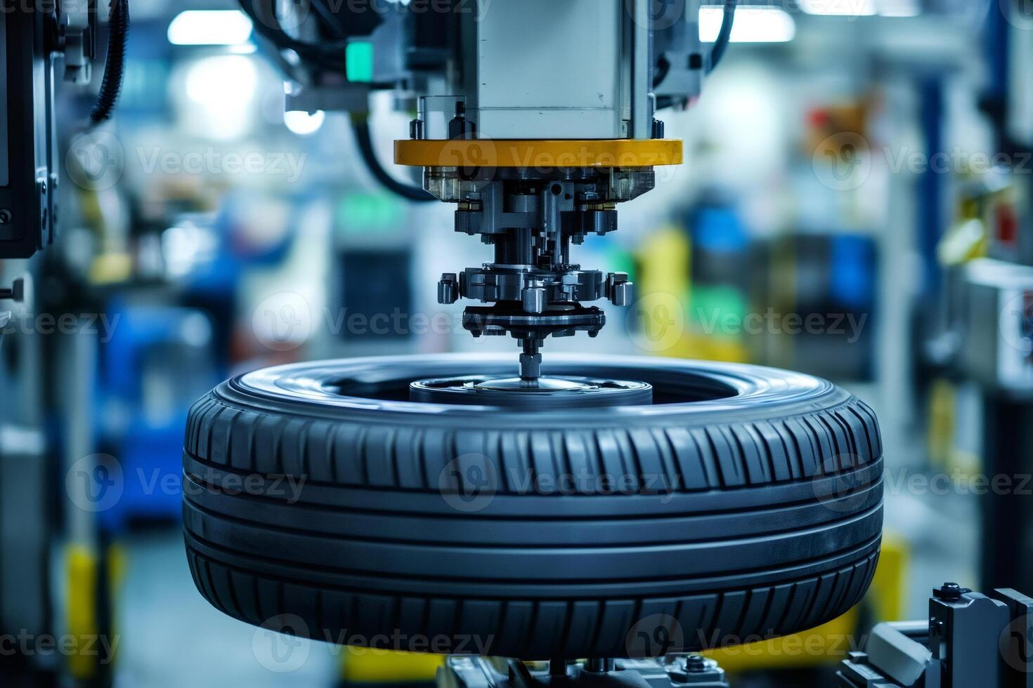 Robotic arm assembling car tire in automated production line photo