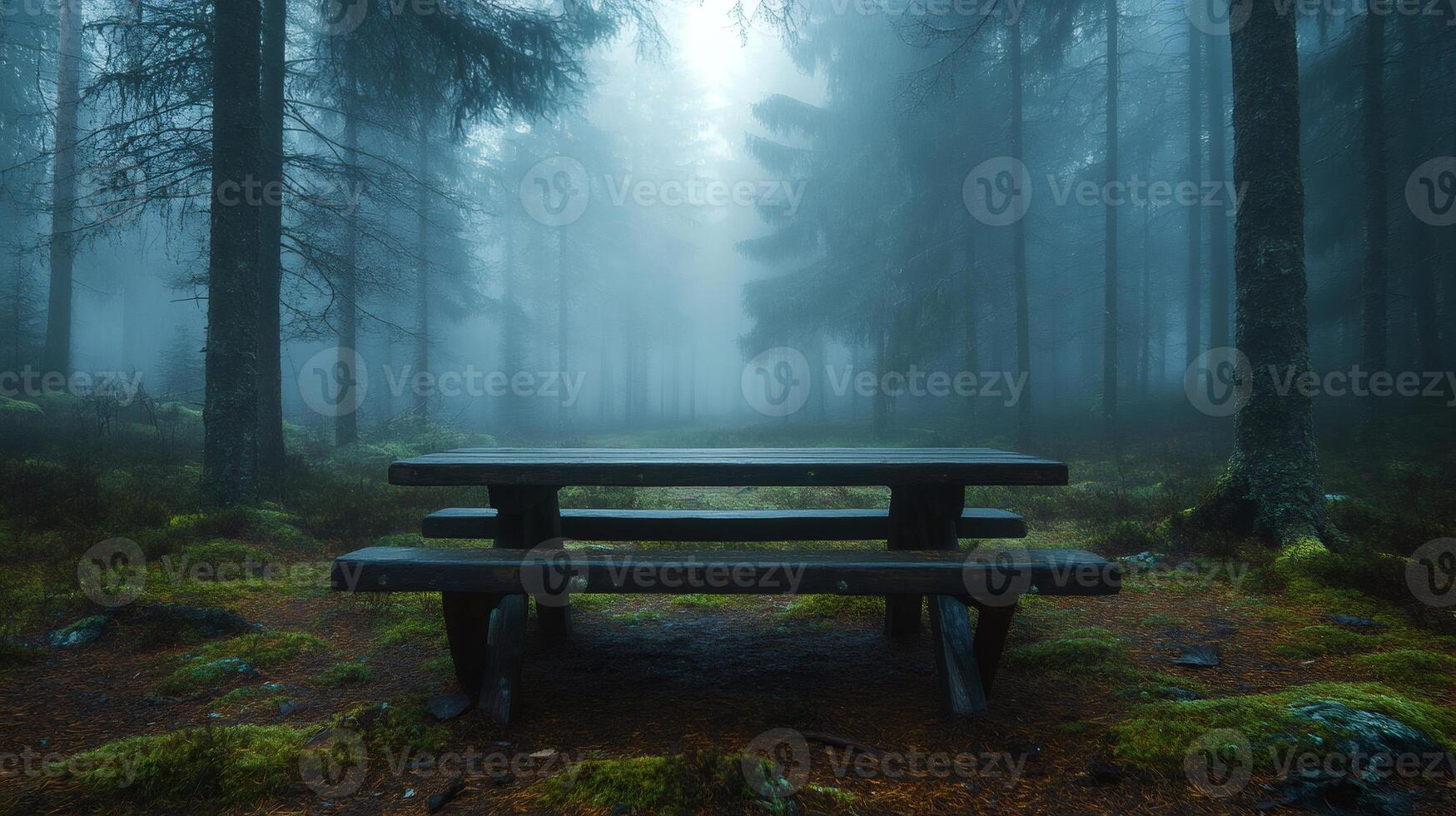 Picnic table inviting visitors in a misty forest photo
