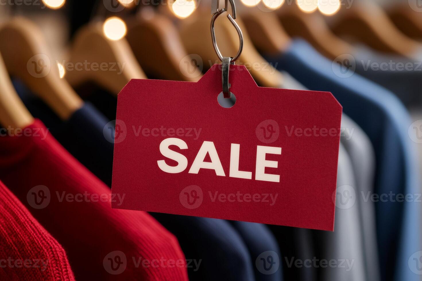 Red sale sign hanging in a clothing store with blurred background photo