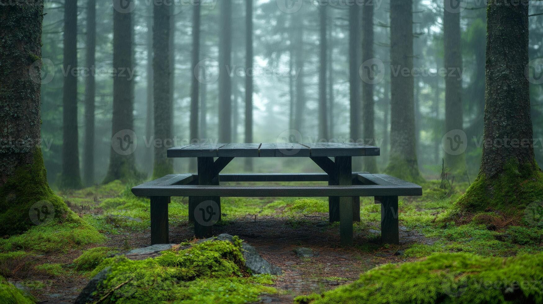 Picnic table standing in a misty forest clearing photo