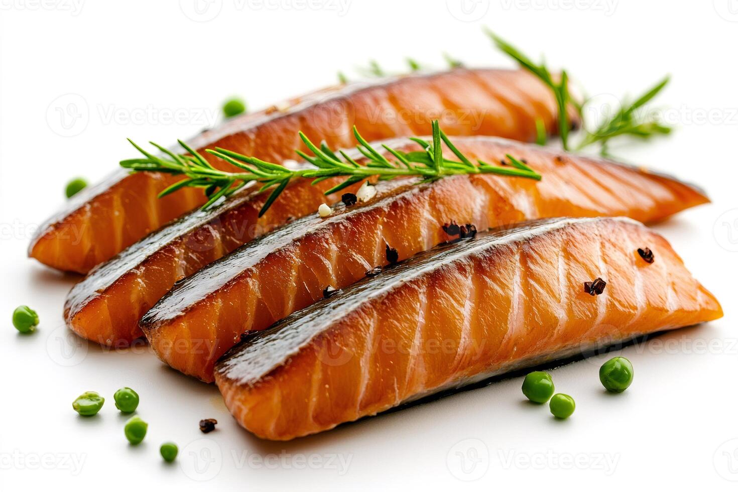 Smoked salmon fillets decorated with rosemary and green peppercorns on white background photo