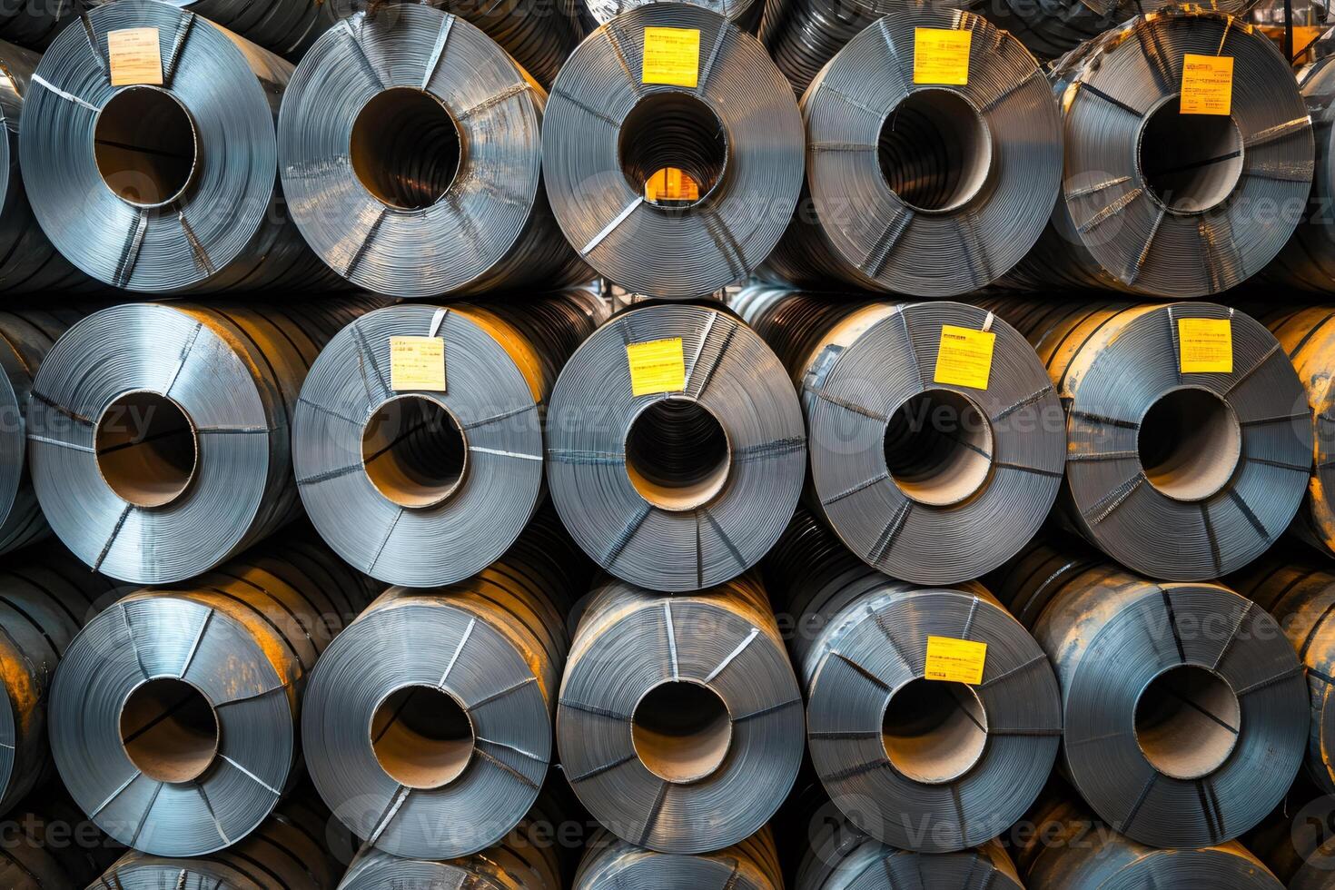 Stacked steel coils stored in a warehouse, ready for industrial manufacturing processes photo