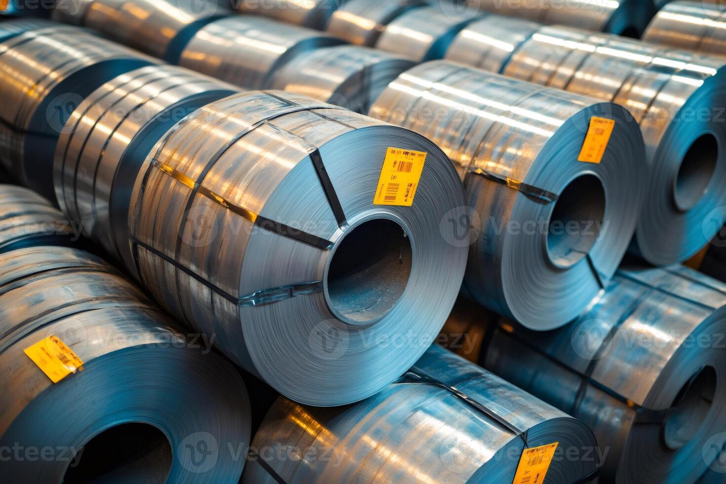 Steel rolls stacked in warehouse, storage and logistics of metal industry materials photo