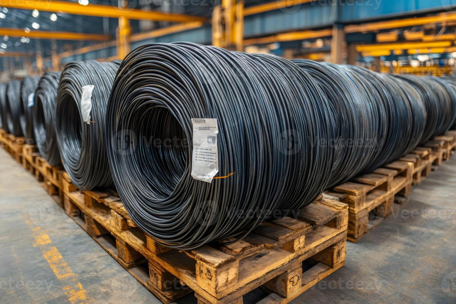 Large coils of steel wire resting on wooden pallets in warehouse photo