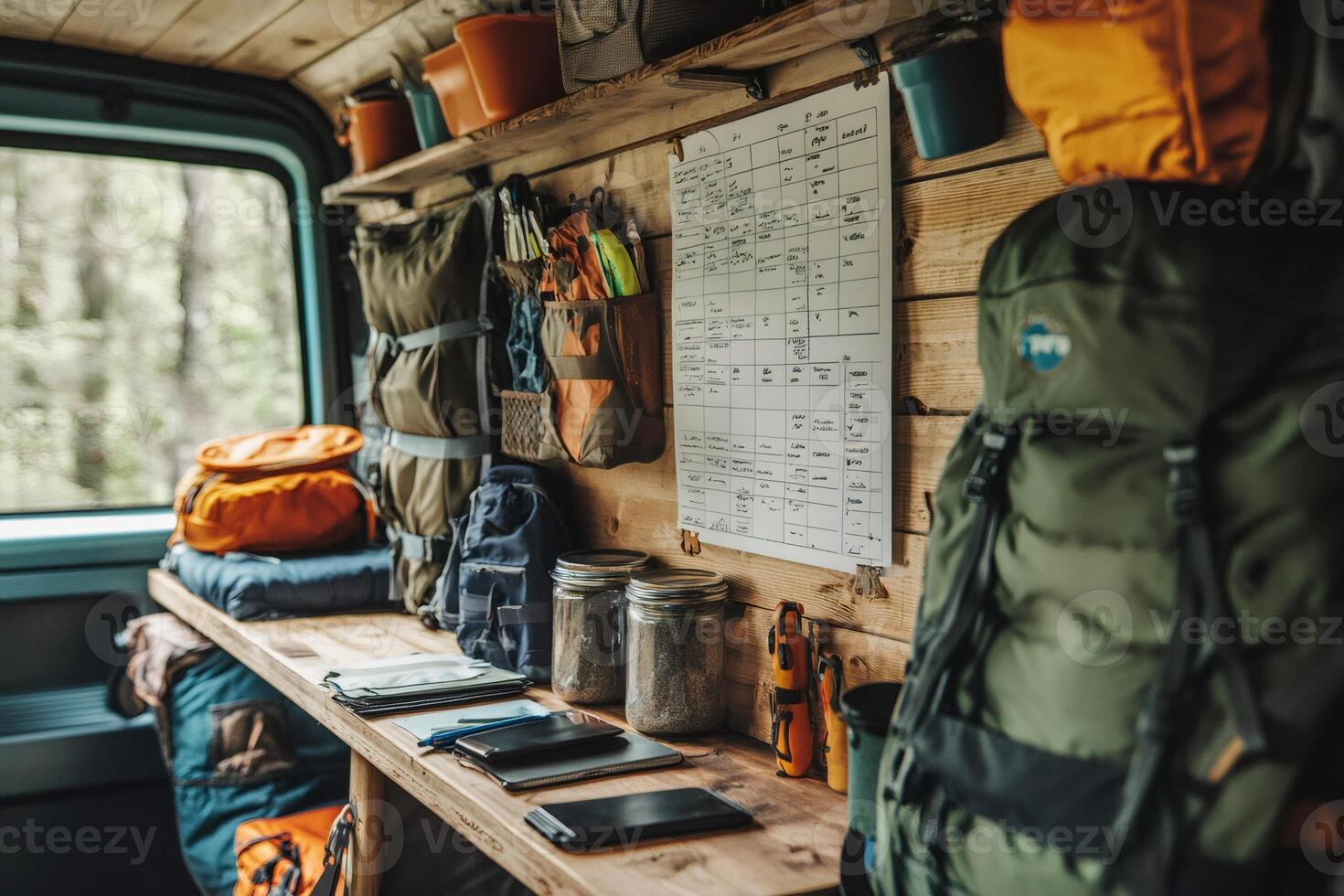 Backpacks and hiking gear inside a camper van ready for adventure photo
