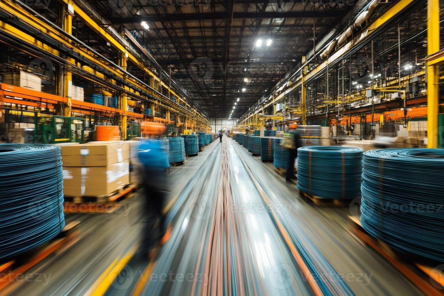 Workers walking in busy cable factory with motion blur effect photo