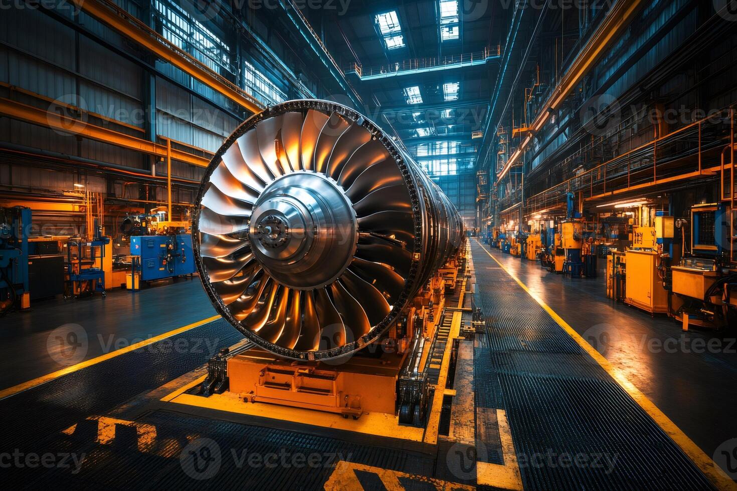 Turbofan jet engine being assembled in a modern factory photo