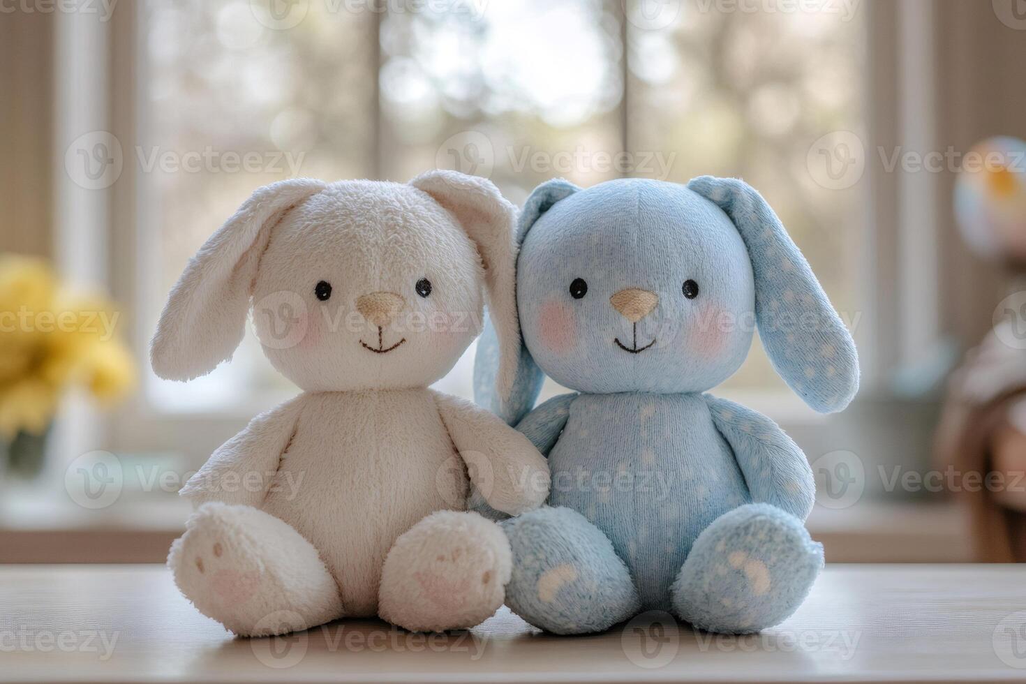 Two adorable plush bunny rabbits sitting on table by window photo