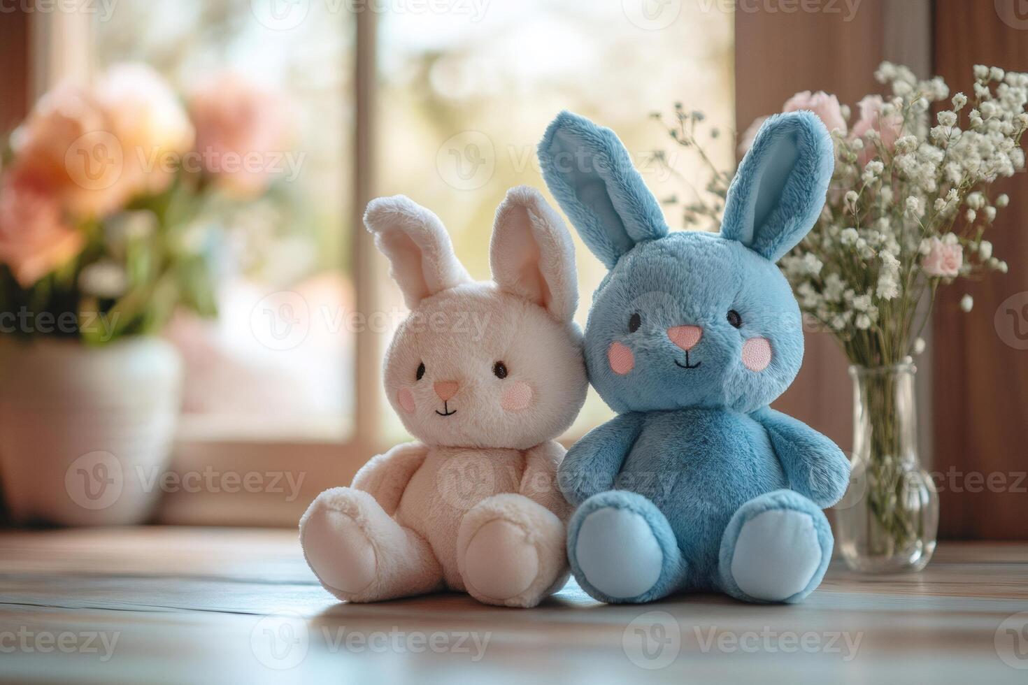 Two adorable plush bunny rabbits sitting on a window sill photo