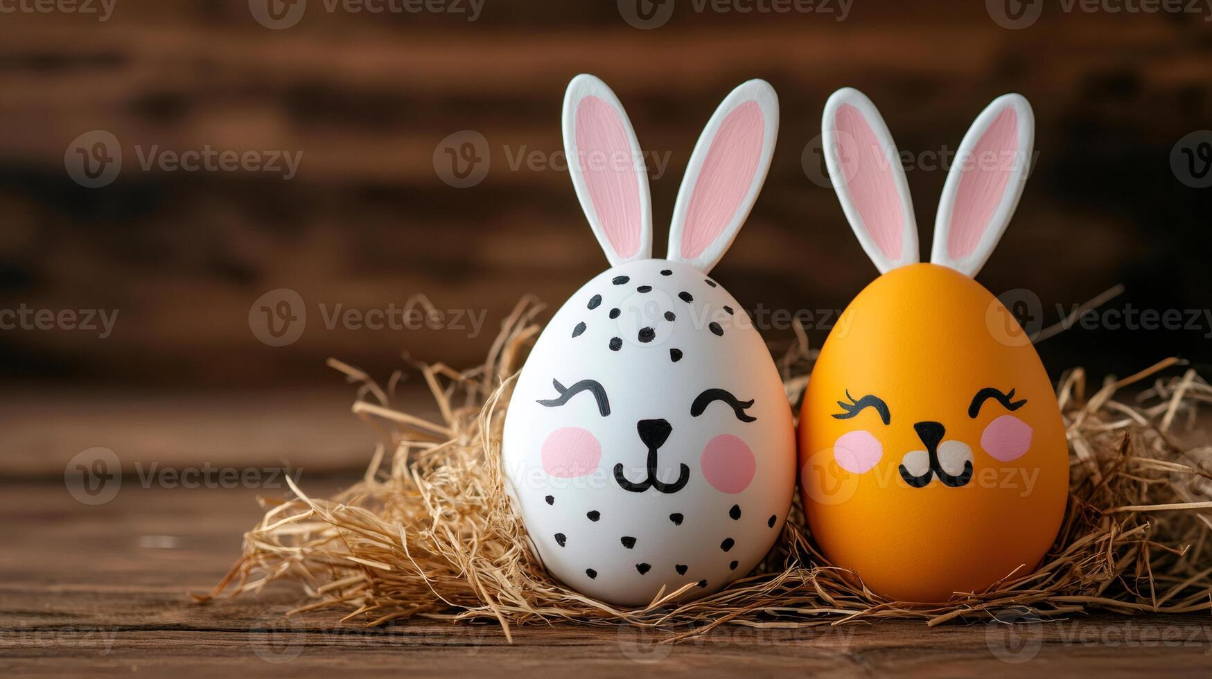 Two easter eggs with bunny ears and painted faces resting on straw photo