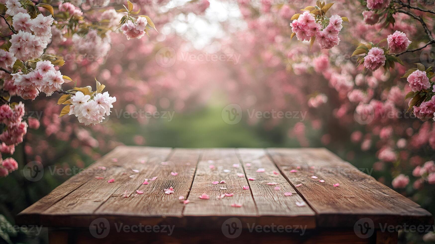 Wooden table under blooming sakura trees creating a dreamy spring atmosphere photo