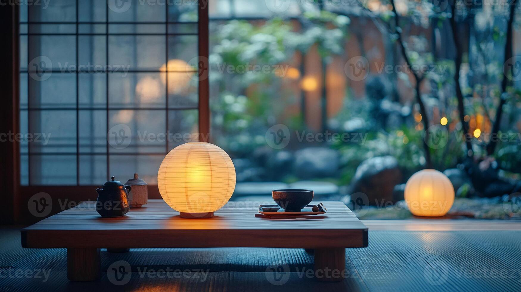 Japanese tea ceremony setting illuminated by paper lanterns in traditional home photo