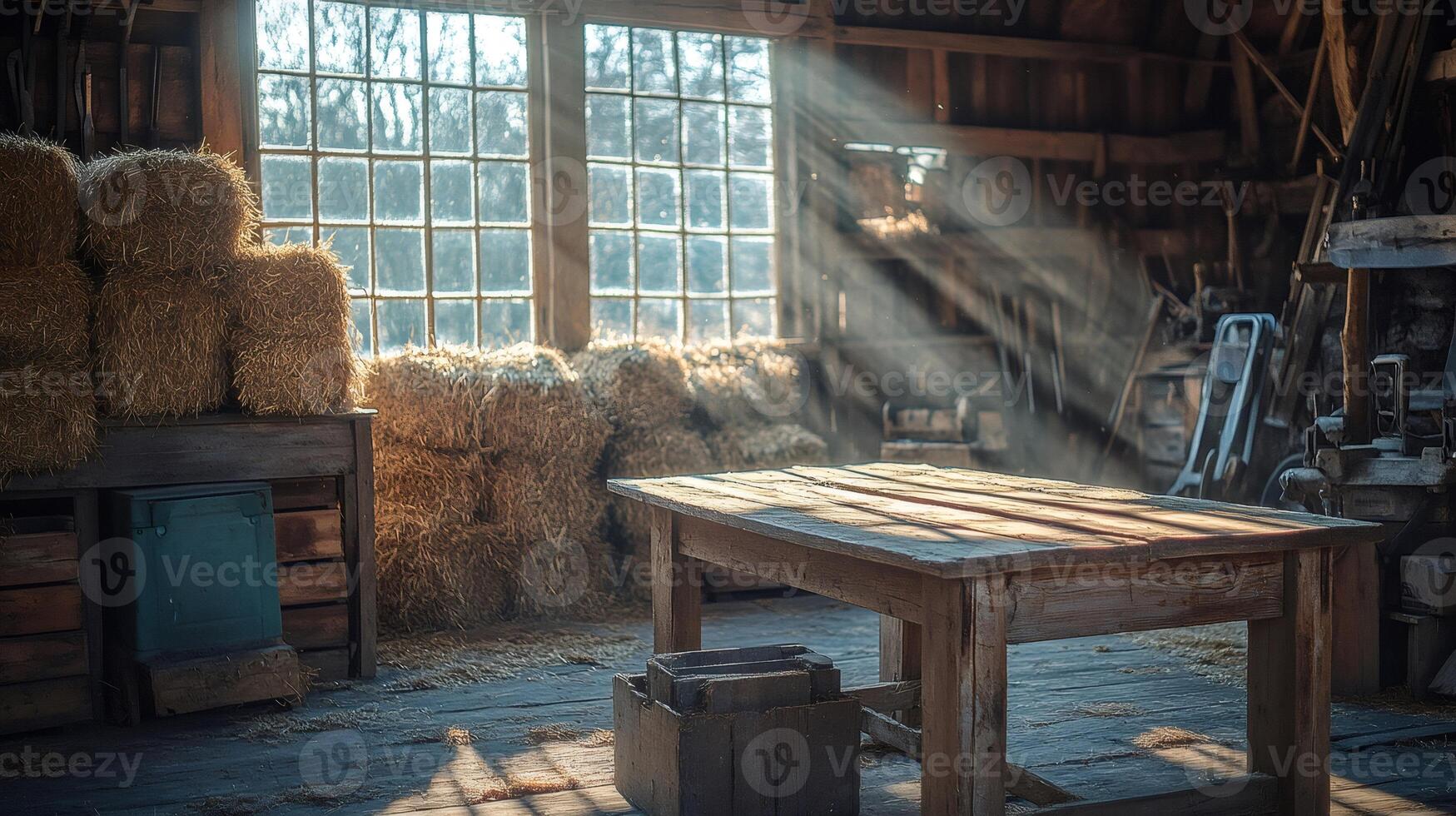 Sunbeams lighting wooden table and hay bales in rustic barn workshop photo