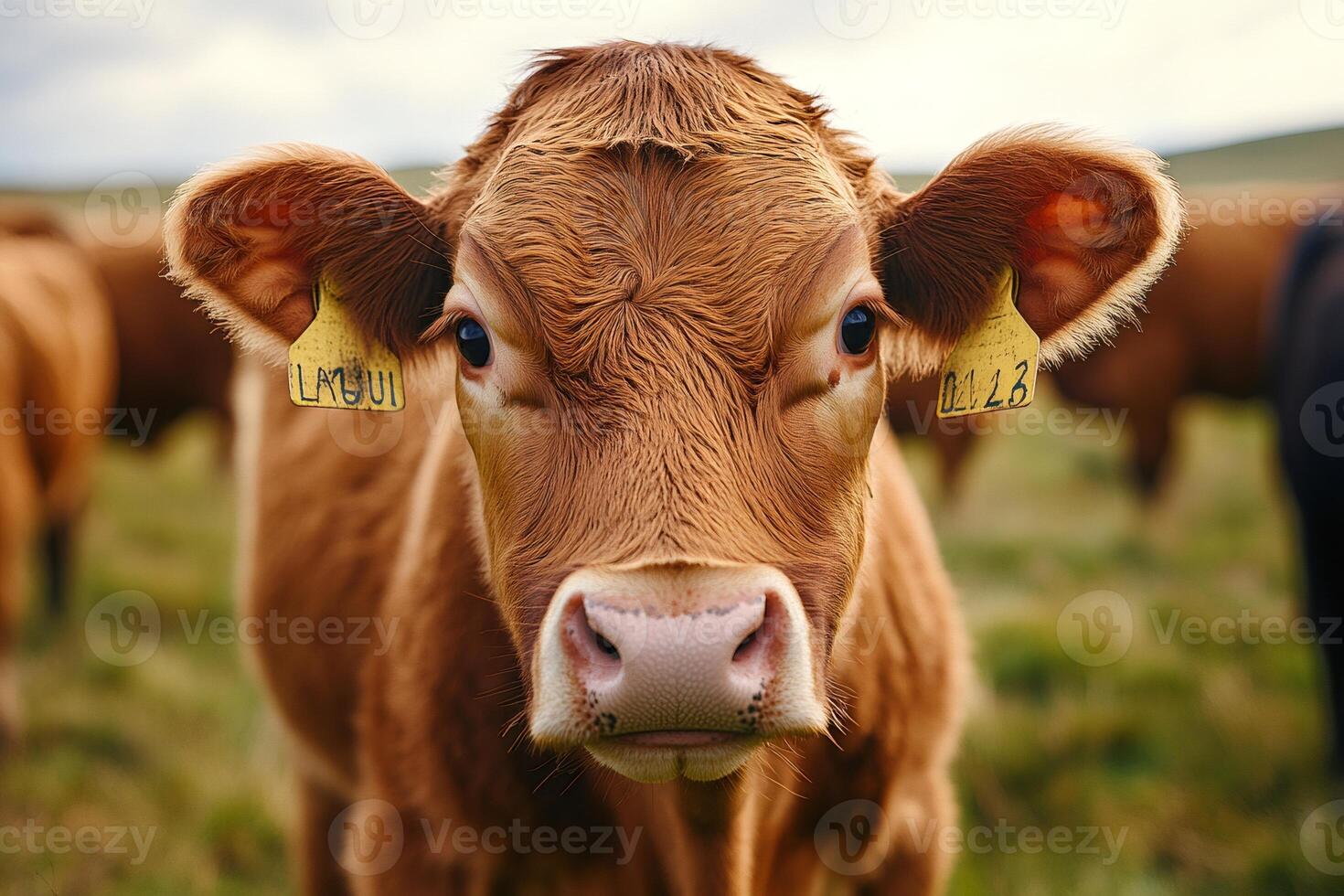 Brown cow standing on grassy field looking forward photo