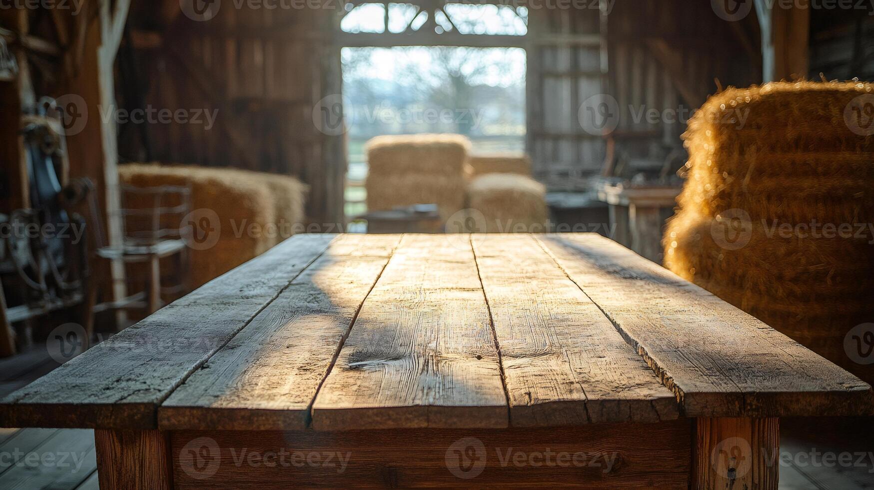 Empty wooden table illuminating inside rustic barn with hay bales photo