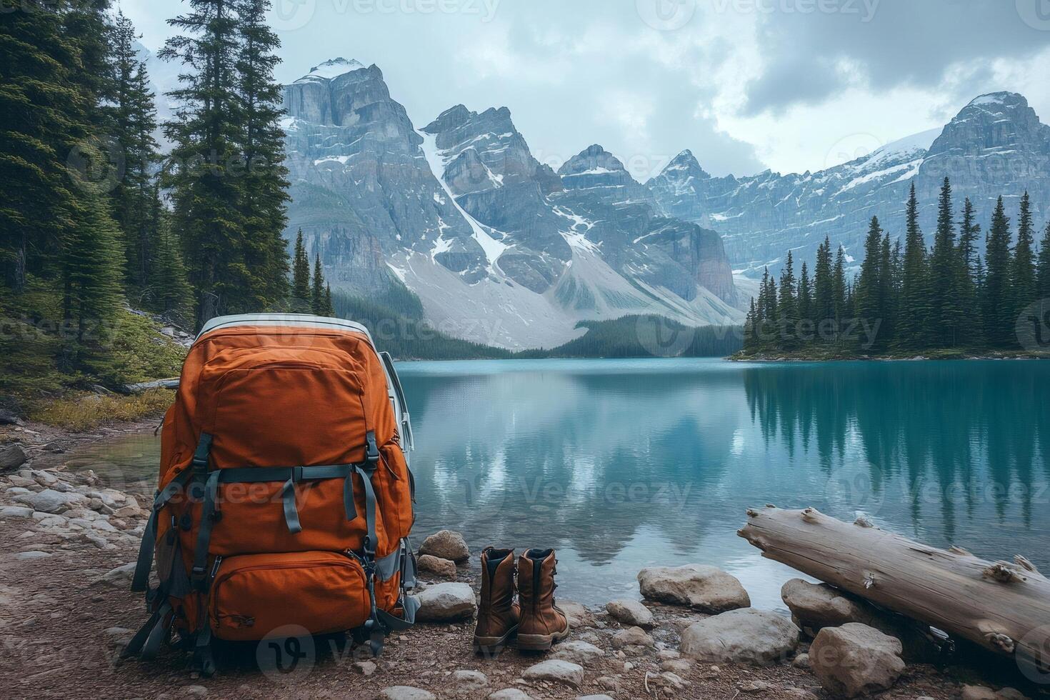 Backpack and hiking boots resting on the shores of moraine lake in banff national park photo