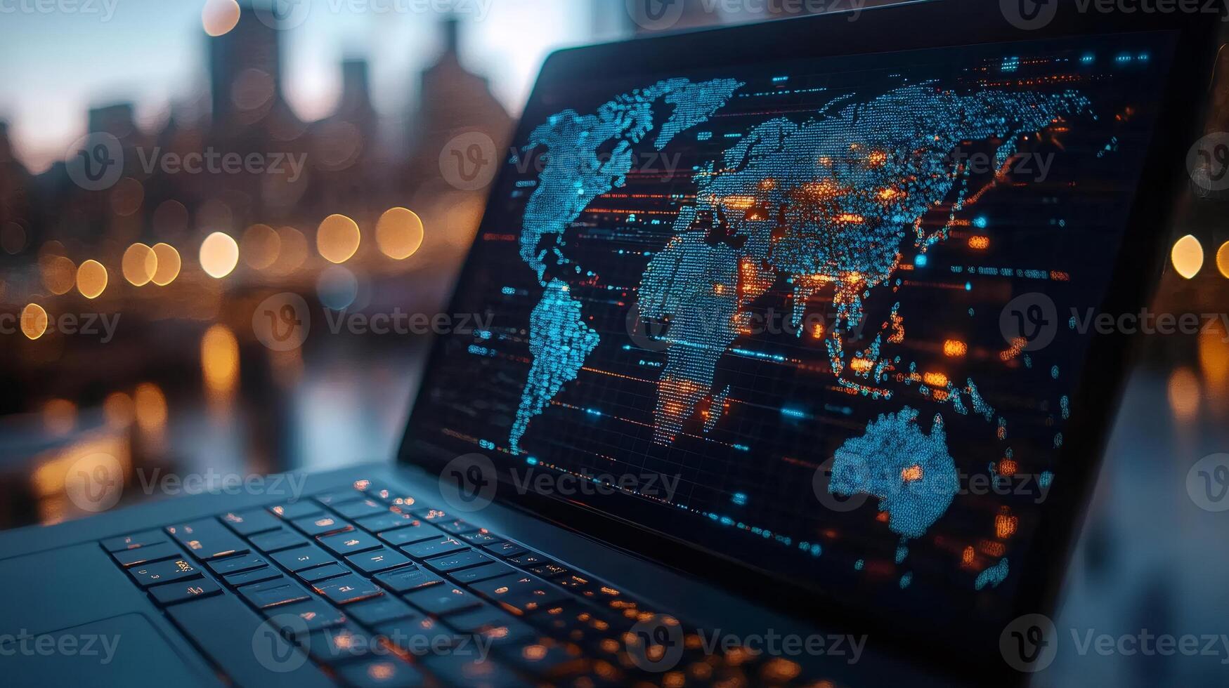 Laptop showing world map with futuristic digital data flowing on screen in office at night photo