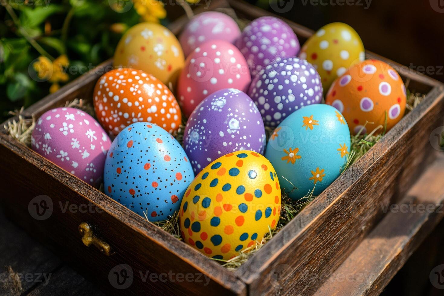 Colorful easter eggs resting in wooden box with hay photo