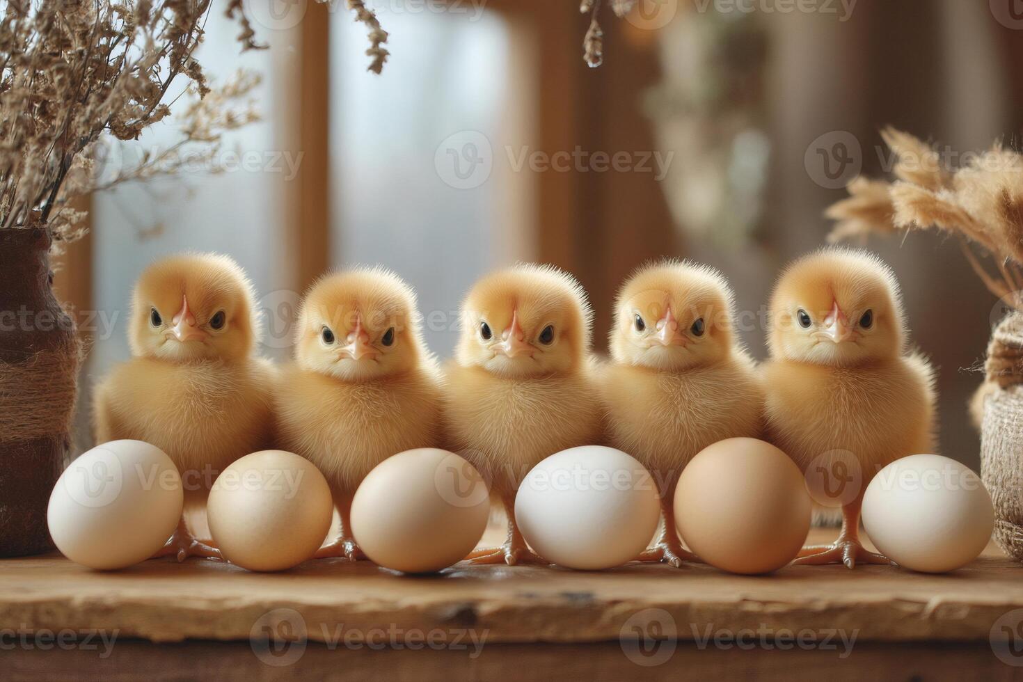 Five cute newborn chicks guarding fresh eggs on wooden table photo