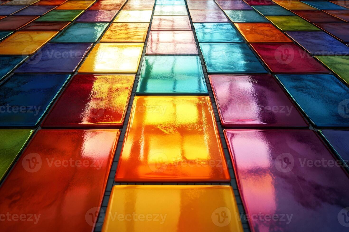 Colorful shiny square tiles creating vibrant patterned floor photo