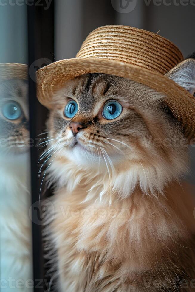 Fluffy cat wearing straw hat and reflecting in window photo