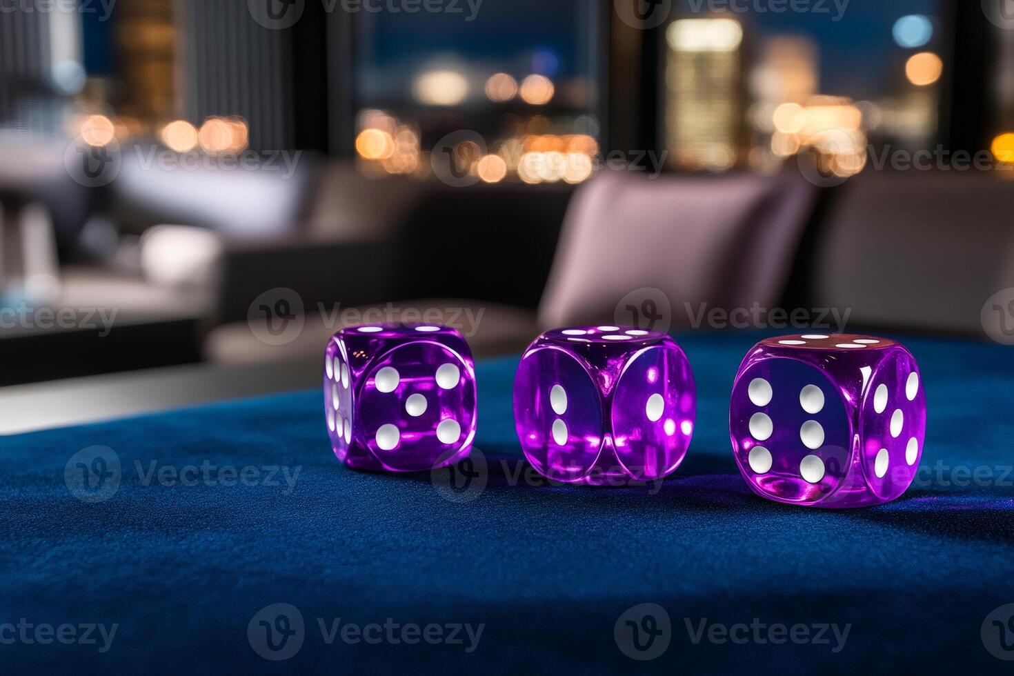 Purple dice showing different numbers on blue table in blurred luxurious room photo