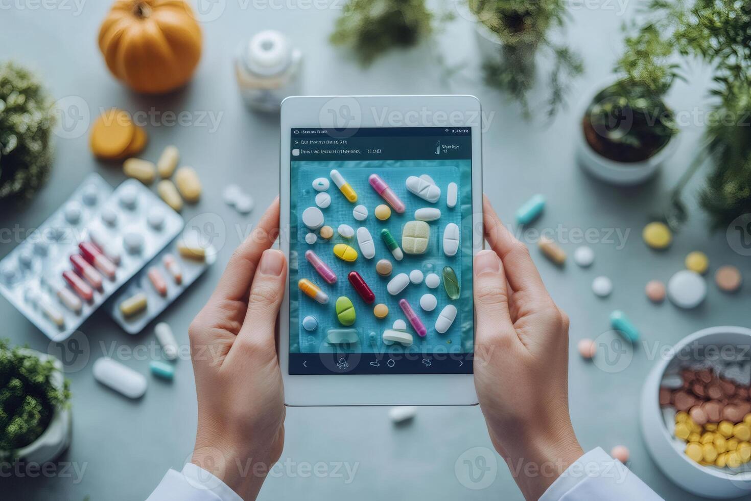 Doctor using tablet showing colorful pills and capsules for healthcare and medicine management photo