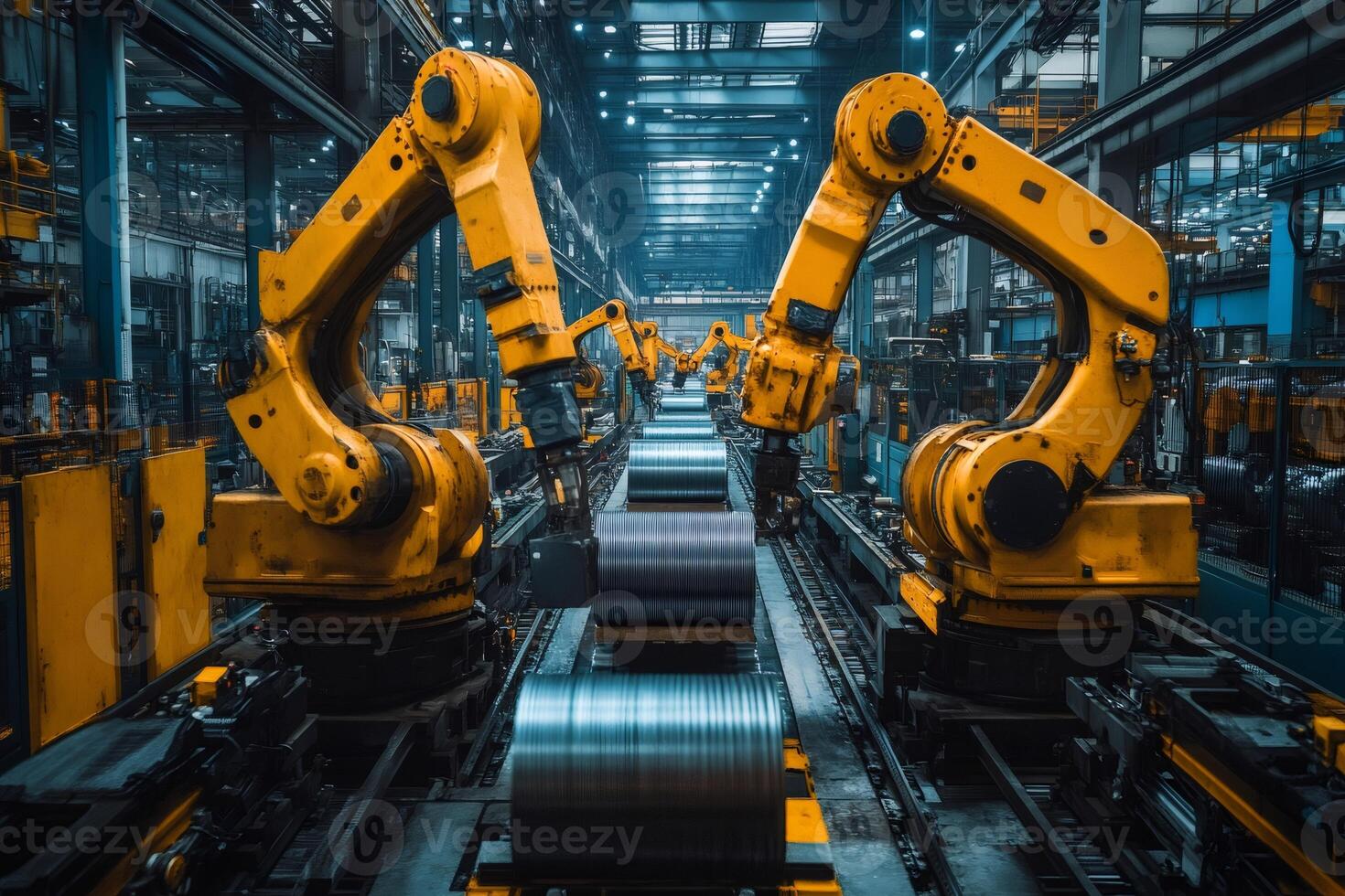 Robotic arms handling steel coils in modern factory automation photo
