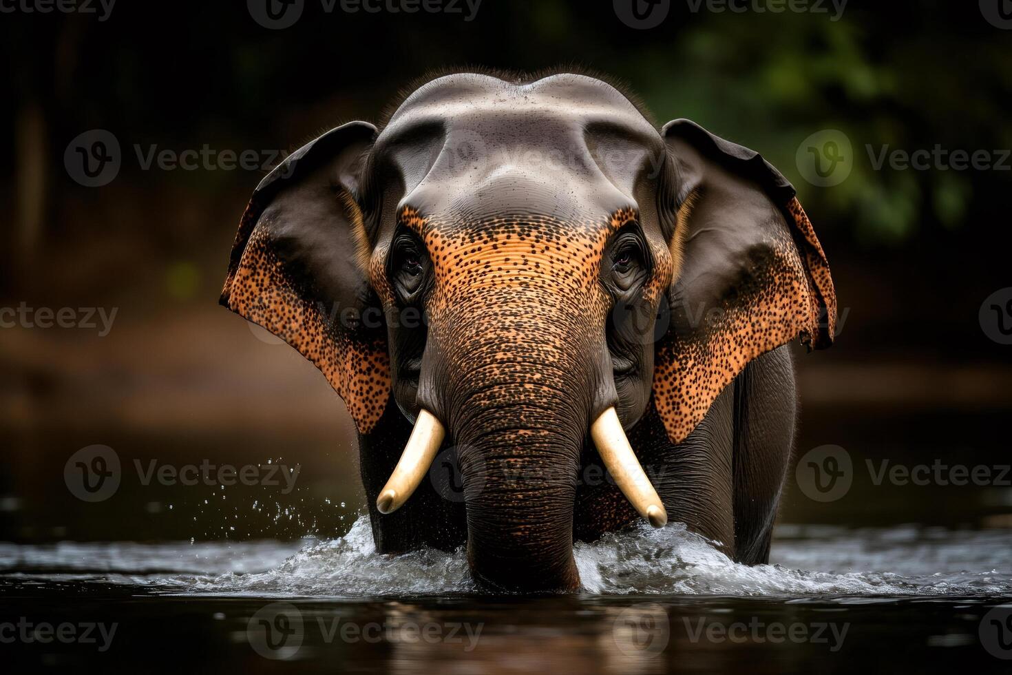 Large male elephant entering river in lush green tropical forest photo