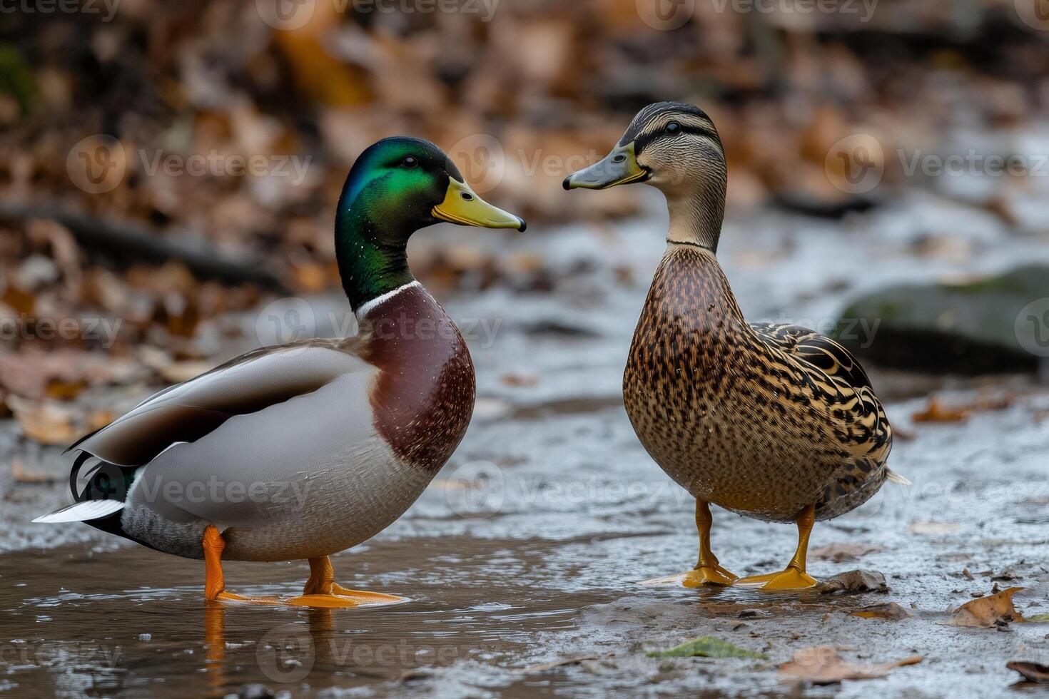 Mallard ducks couple standing in water with autumn leaves photo