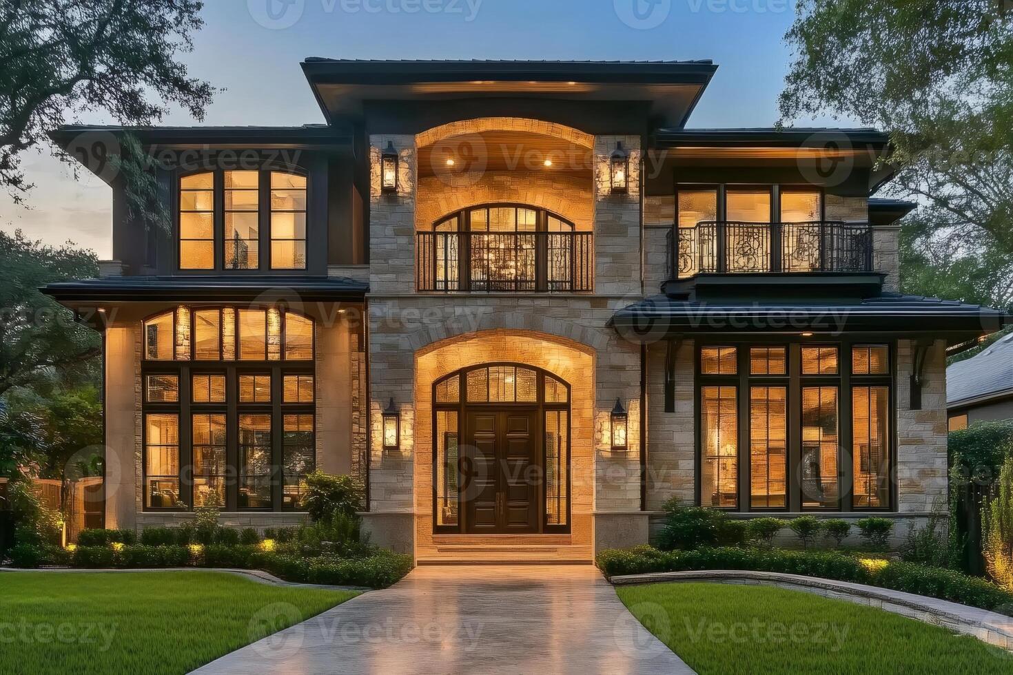 Luxurious stone and brick home exterior at dusk with illuminated windows photo