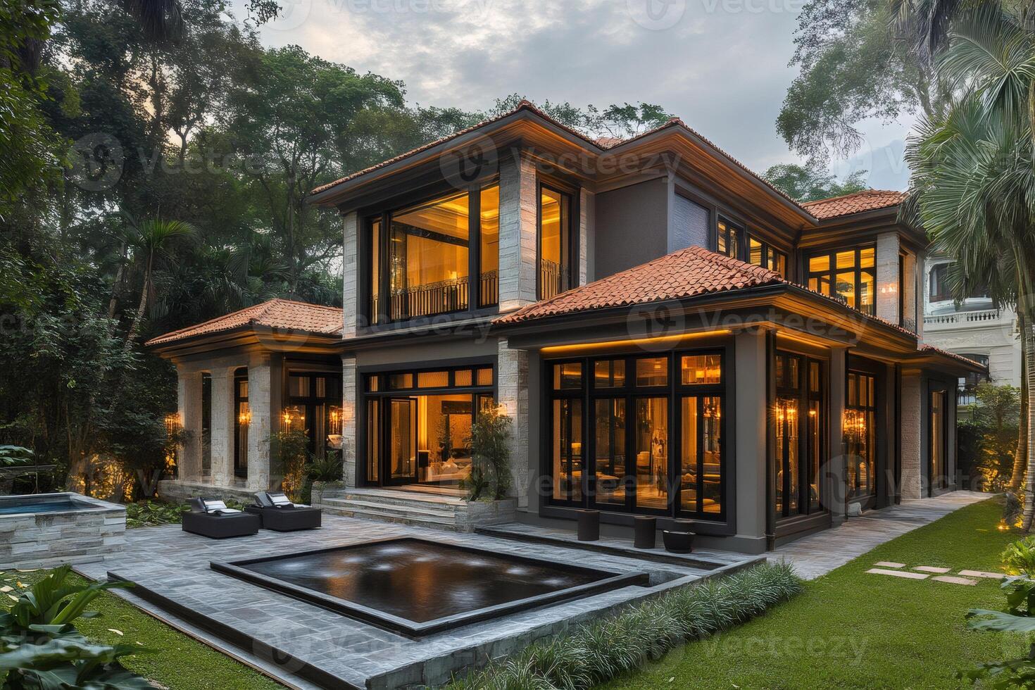 Modern luxury home exterior with illuminated windows at dusk. . . photo
