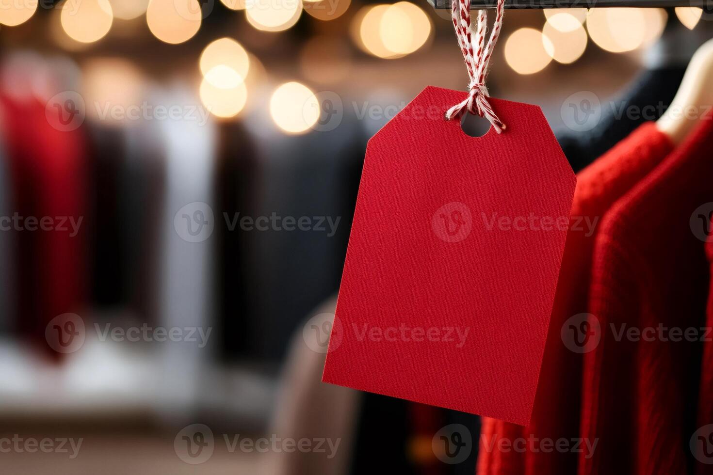 Red tag hanging in a clothing store during christmas sales photo