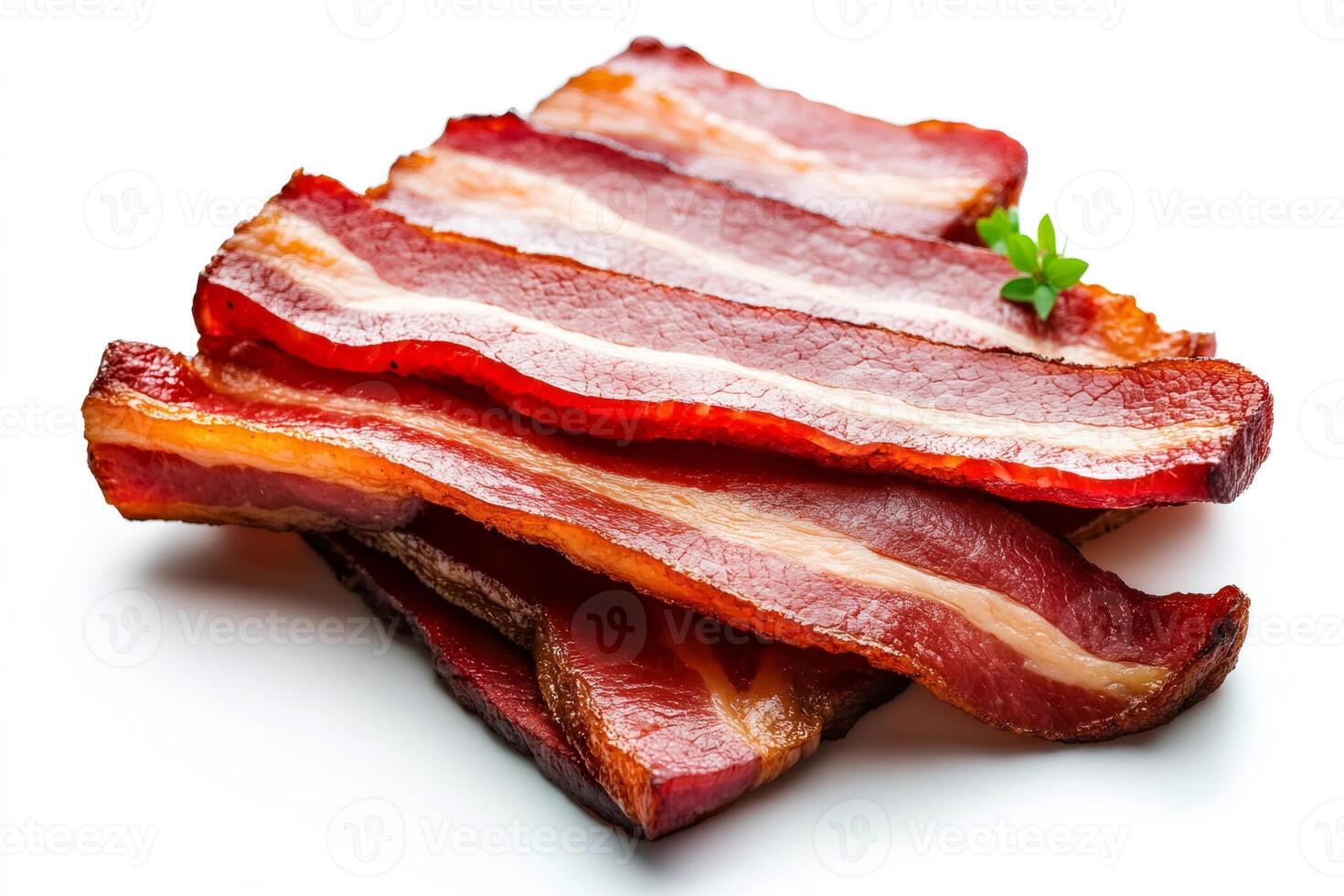 Delicious crispy smoked bacon slices forming a tasty pile on white background photo