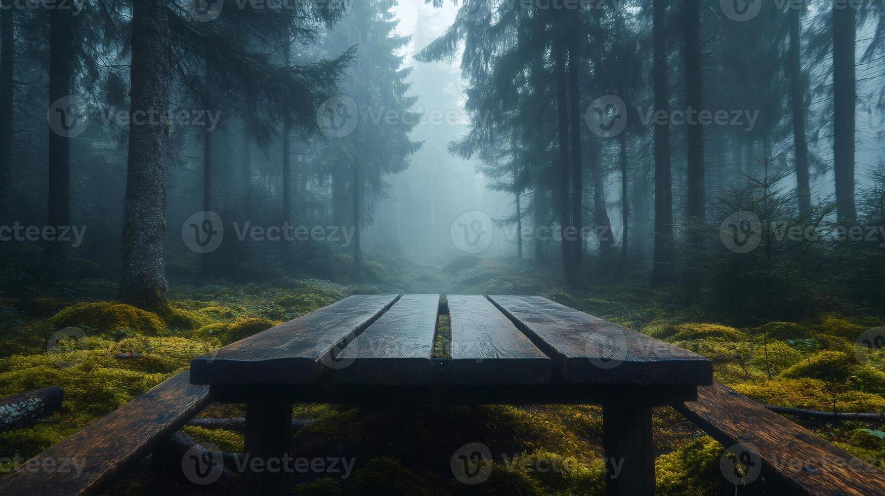 Wooden picnic table inviting visitors to rest in a misty forest photo