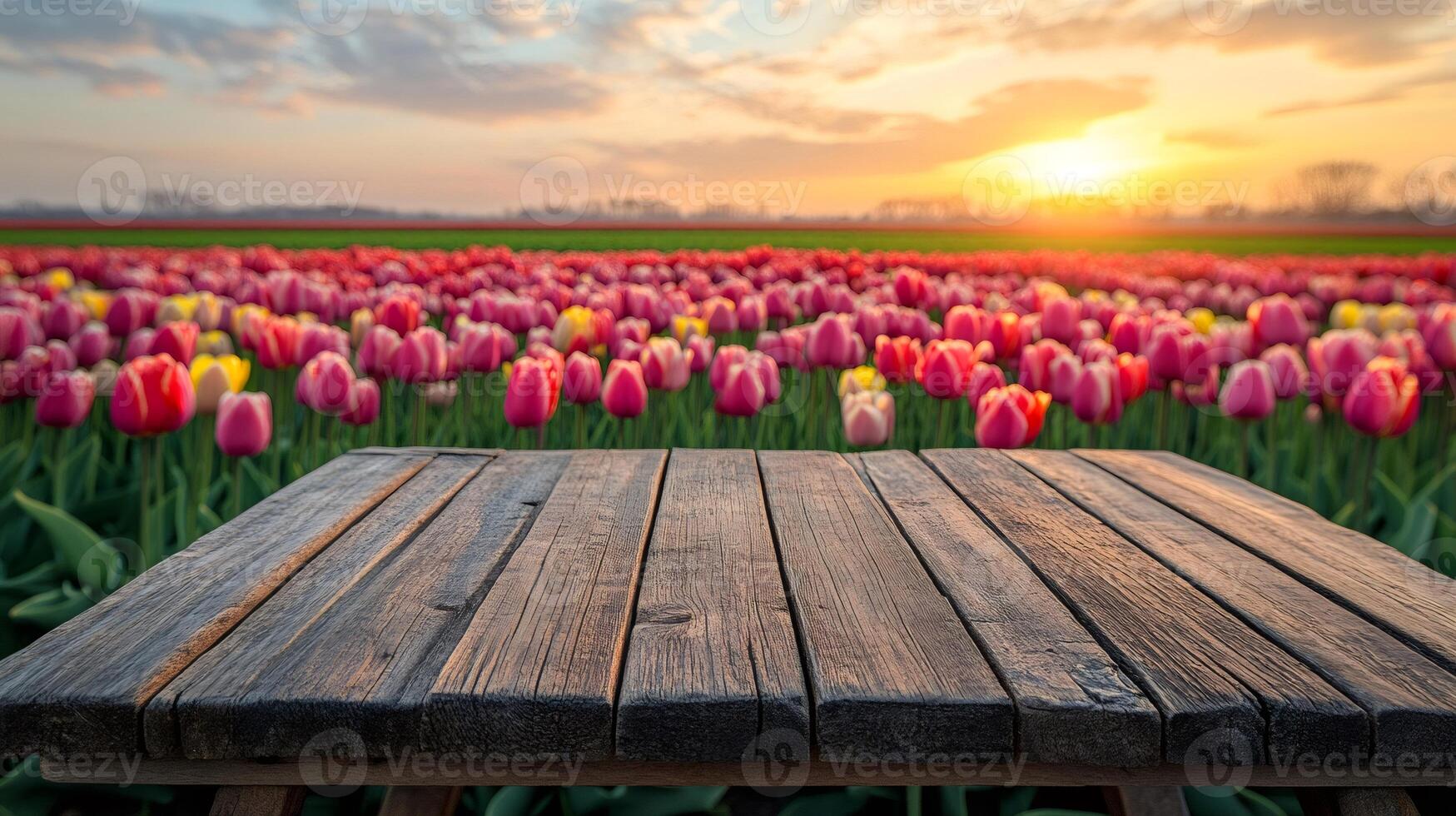 Empty wooden table displaying beautiful blooming tulip field at sunset photo