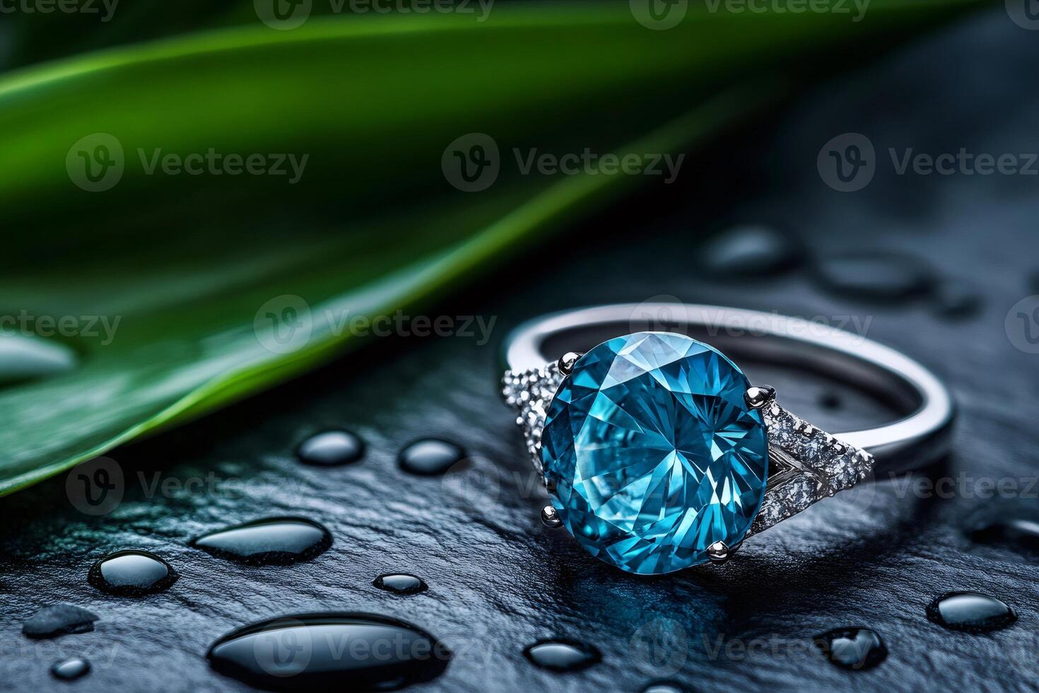 Silver ring with large blue gemstone sparkling on dark wet stone surface with green leaf photo