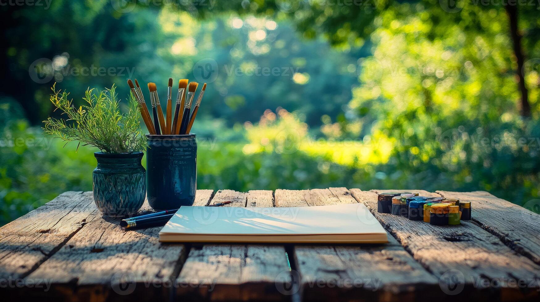 Painting material ready on wooden table in peaceful green garden photo