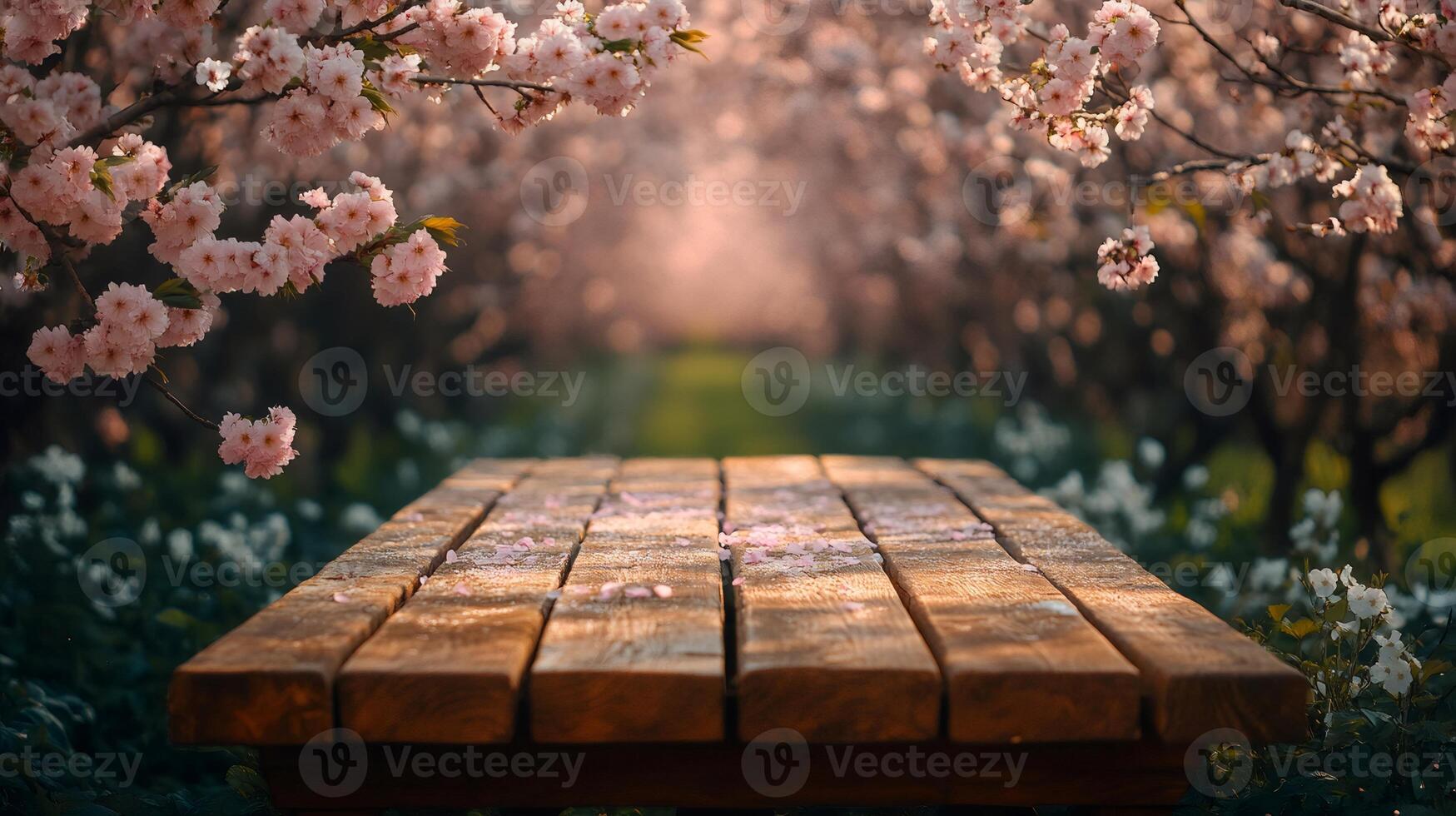 Wooden table displaying falling cherry blossoms in an orchard photo