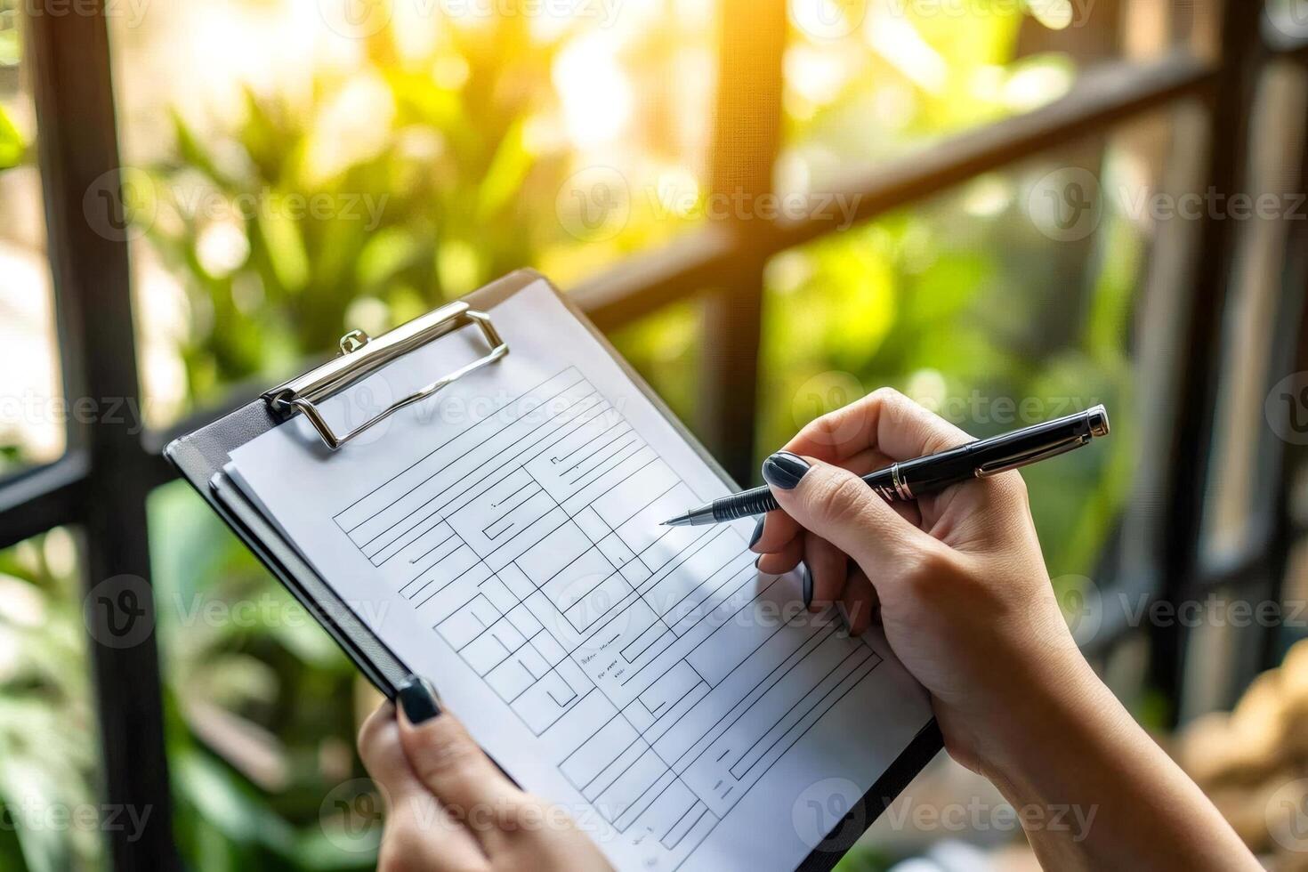 Businesswoman filling out form on clipboard near window with green plants photo