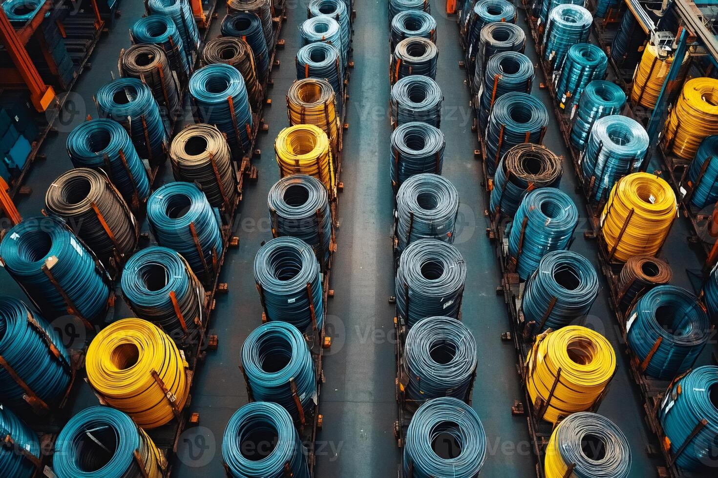 Colorful metal wire rolls forming lines in organized warehouse storage area photo