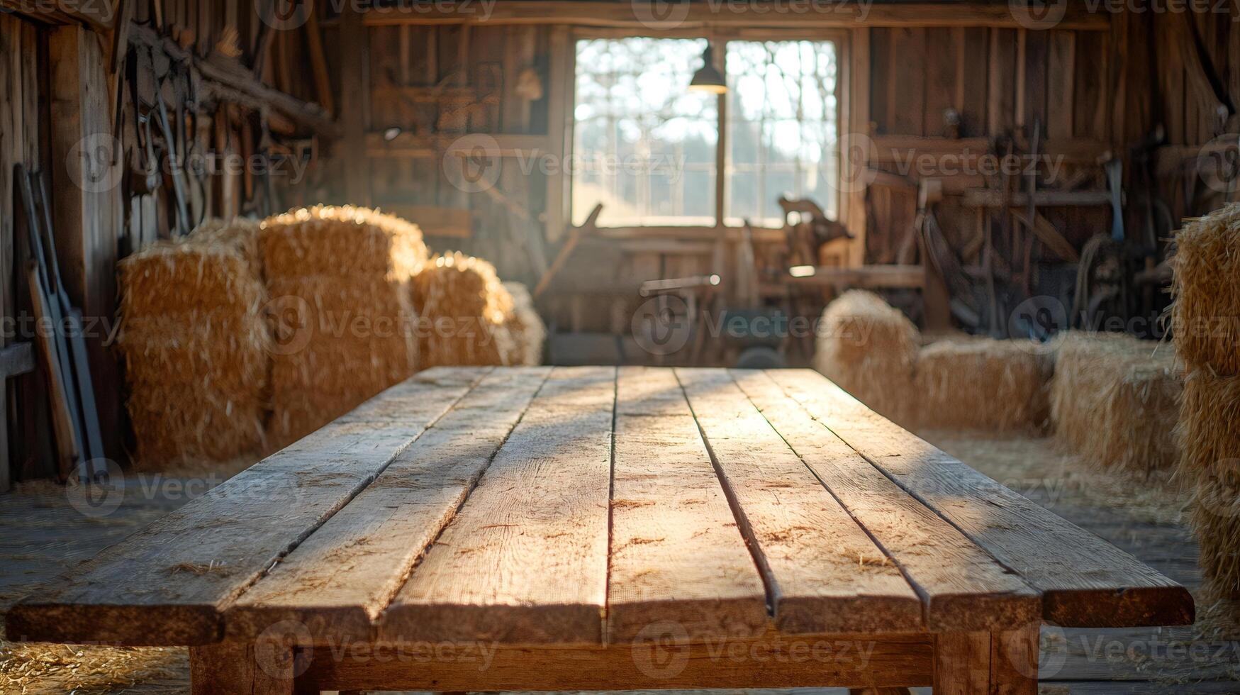 Empty wooden table illuminating by sunlight in rustic barn interior photo