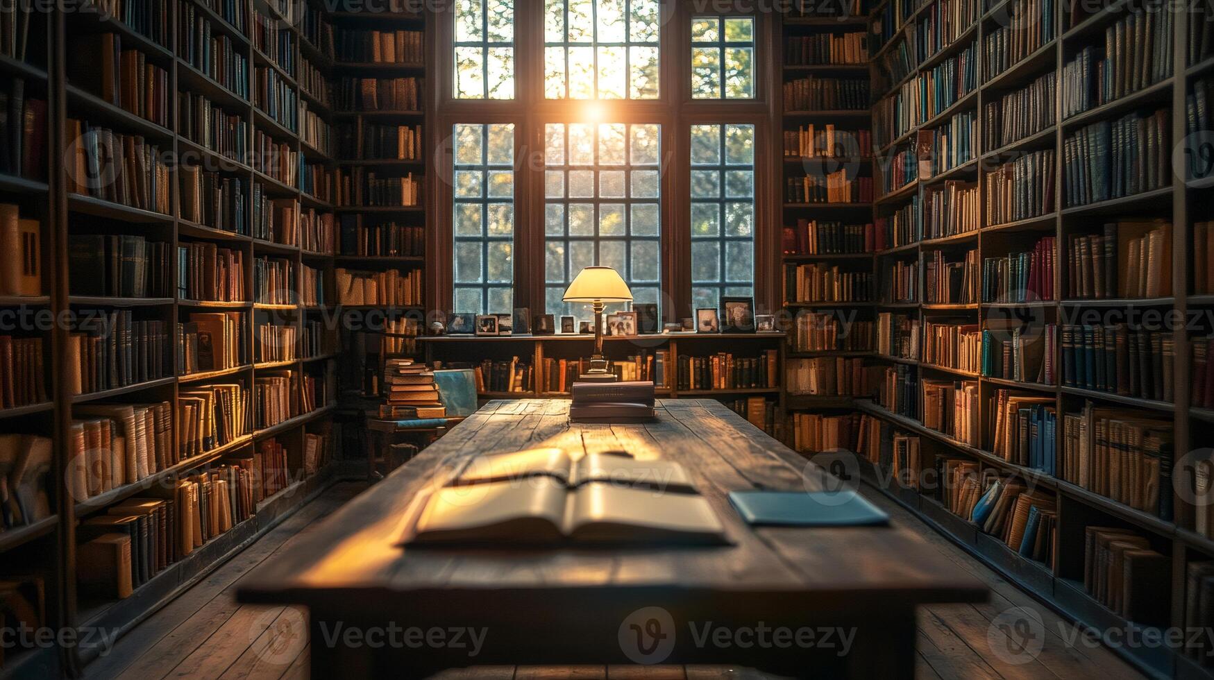 Open book lying on table in warm lit library interior photo