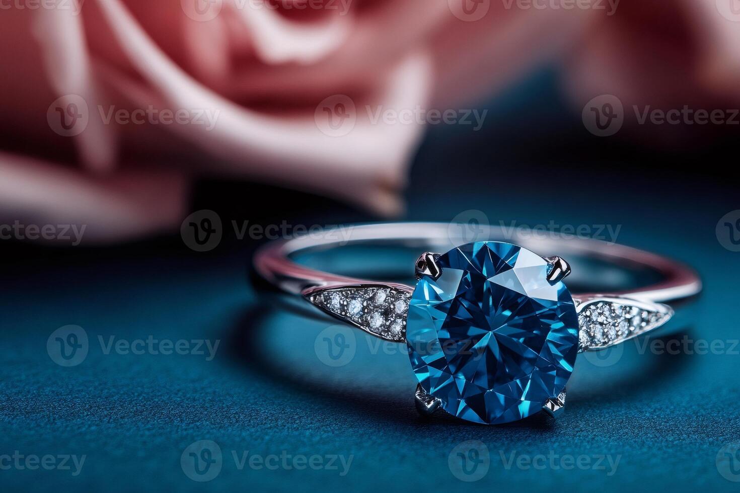 Elegant silver ring with large blue gemstone and small diamonds near rose photo