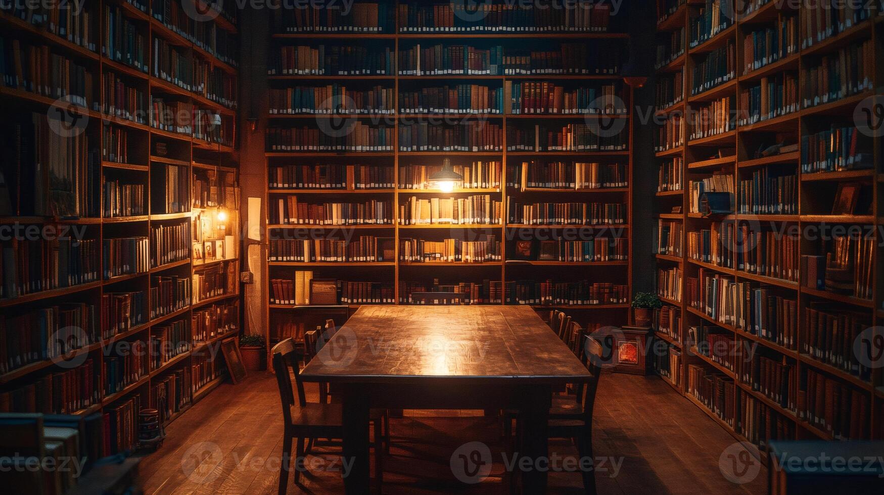 Vintage library room interior with wooden table and bookshelves photo