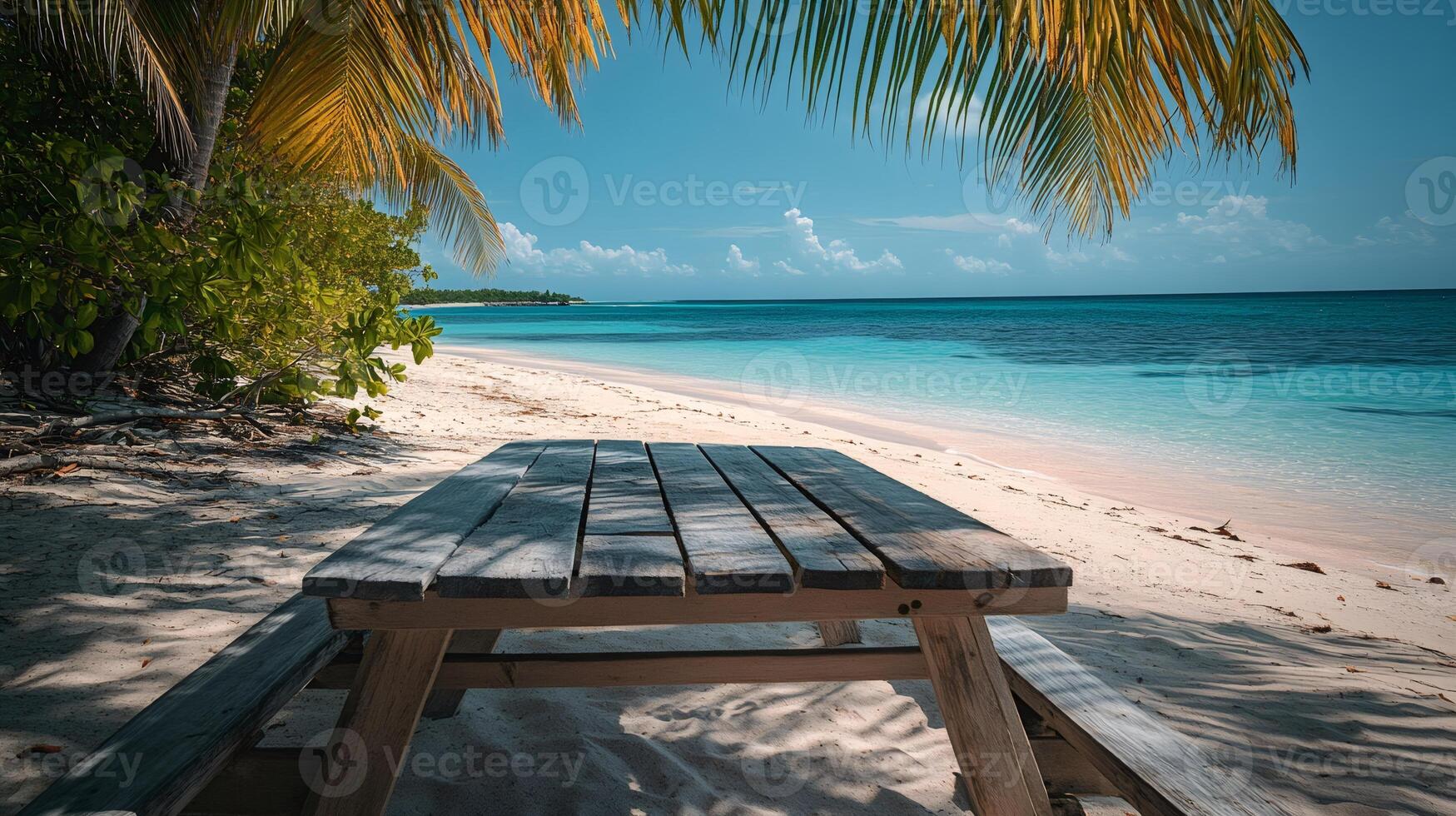 Wooden picnic table under palm trees on tropical beach photo