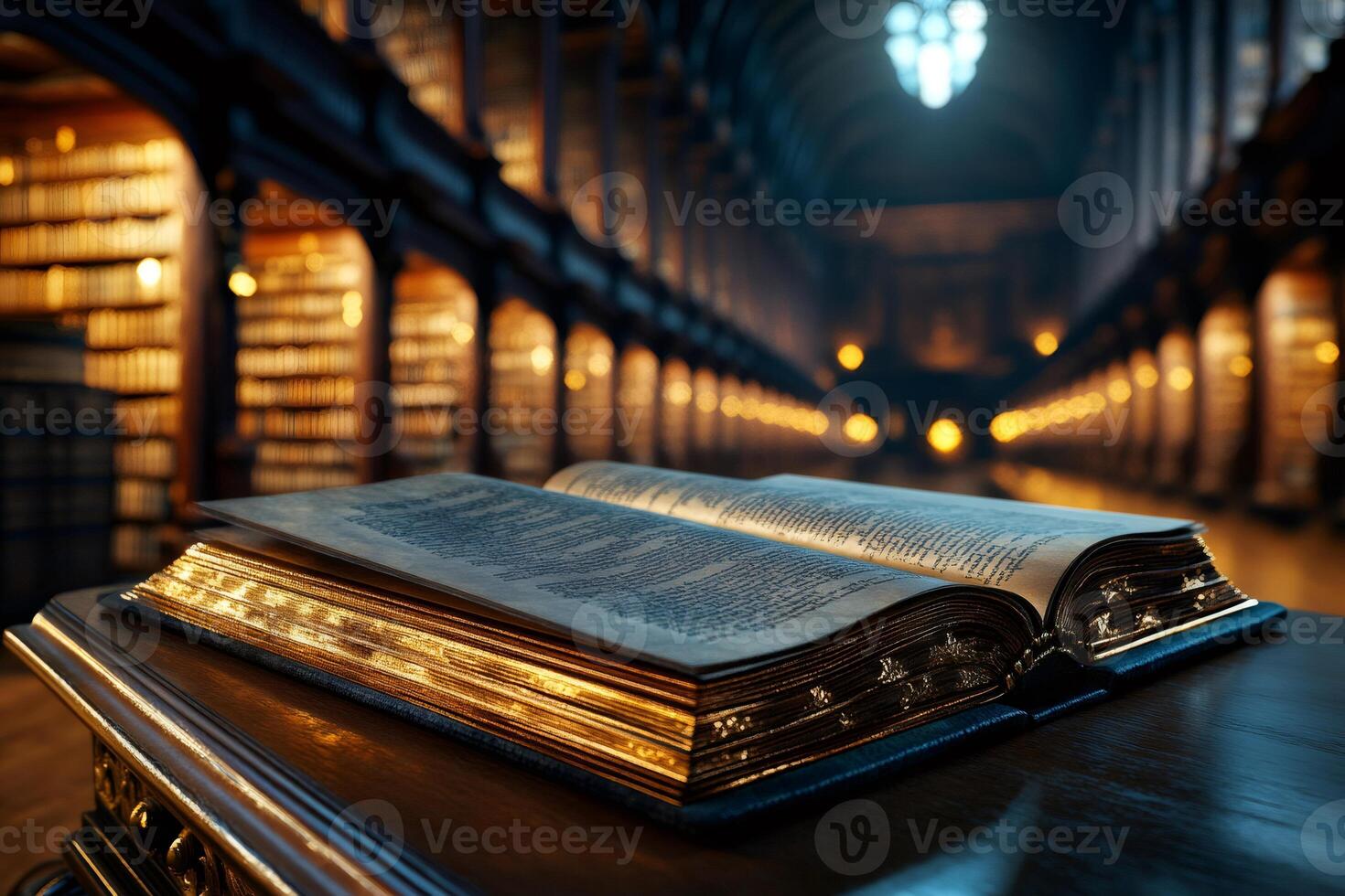Open antique book lying on wooden table in blurred ancient library interior photo
