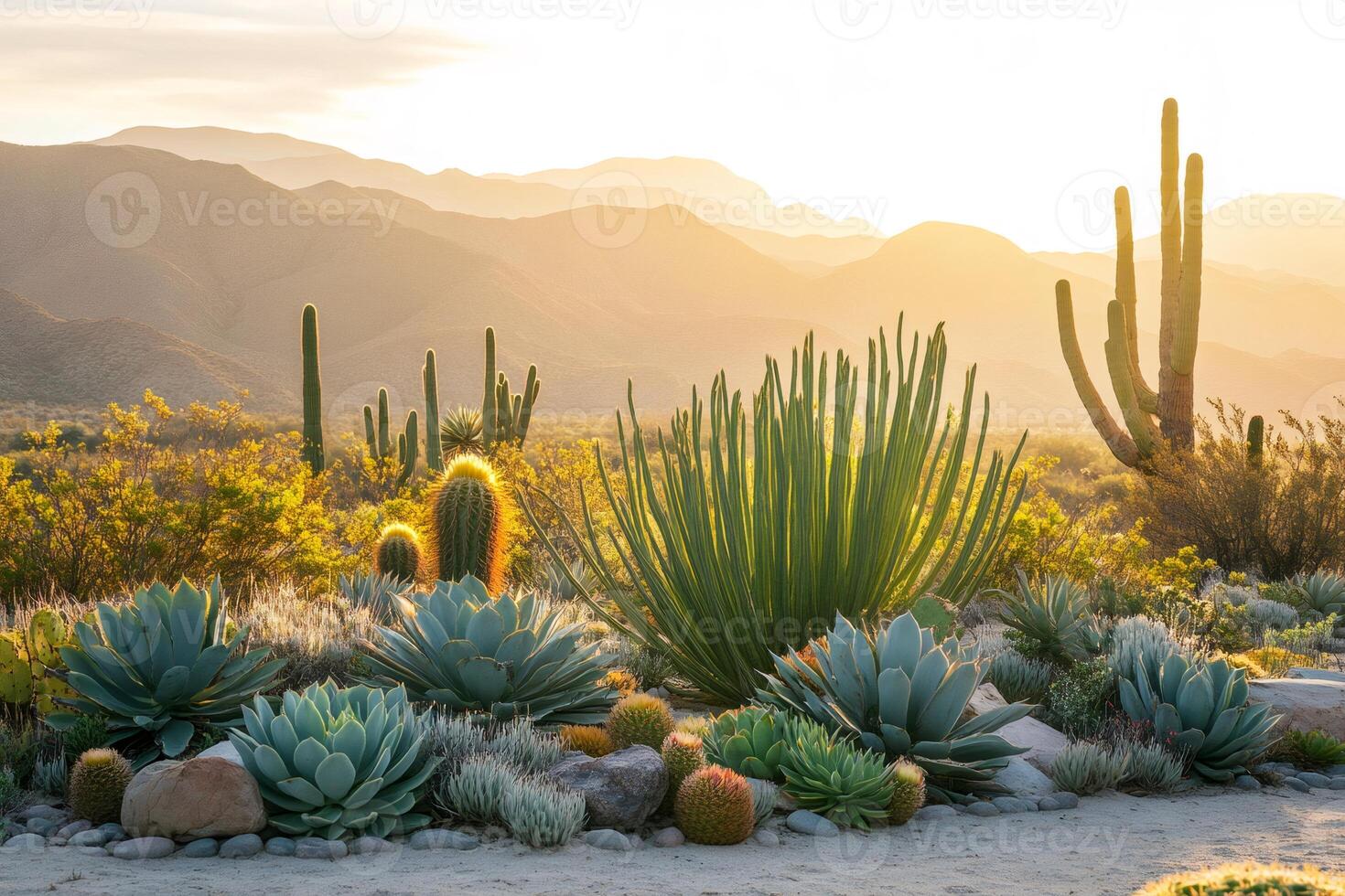 Cacti and succulents growing in desert botanical garden at sunset photo