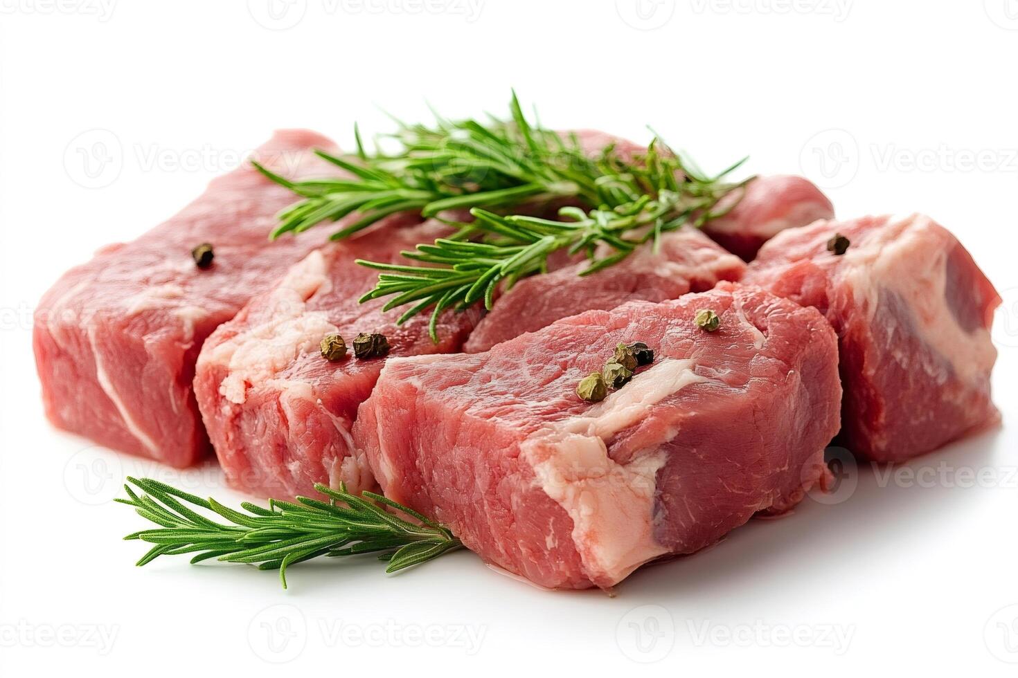 Fresh raw beef cubes seasoned with rosemary and peppercorns photo